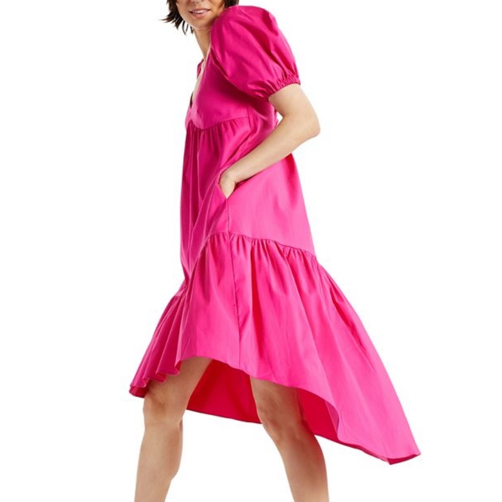 Pink Puff Sleeve High Low Midi Dress